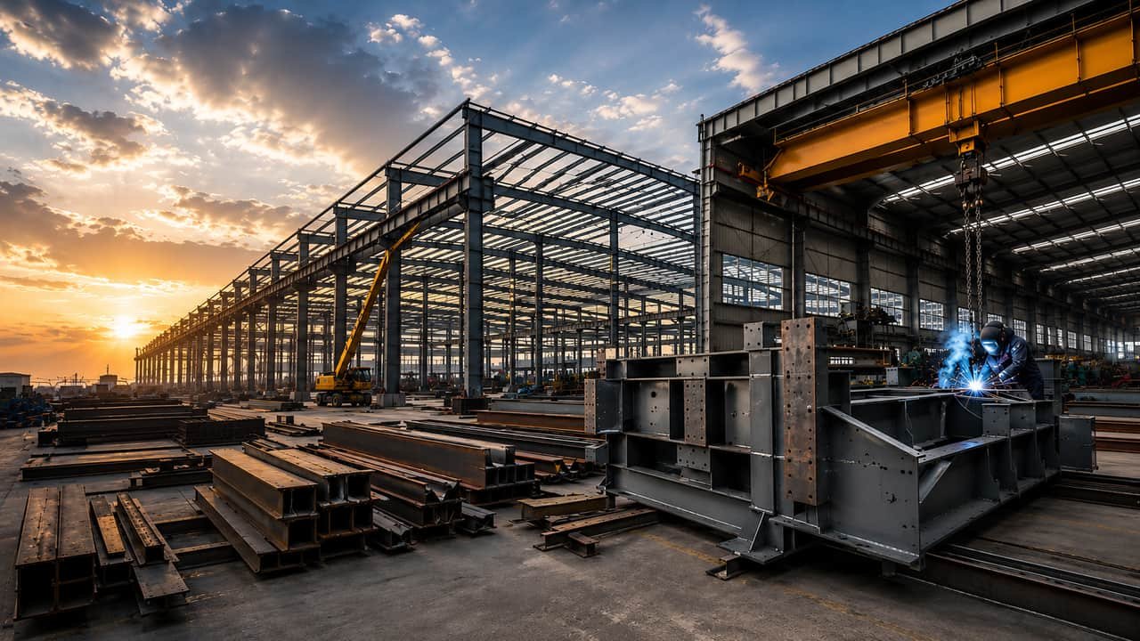 Structural steel sections and a welded girder in a fabrication yard, with a portal frame going up behind