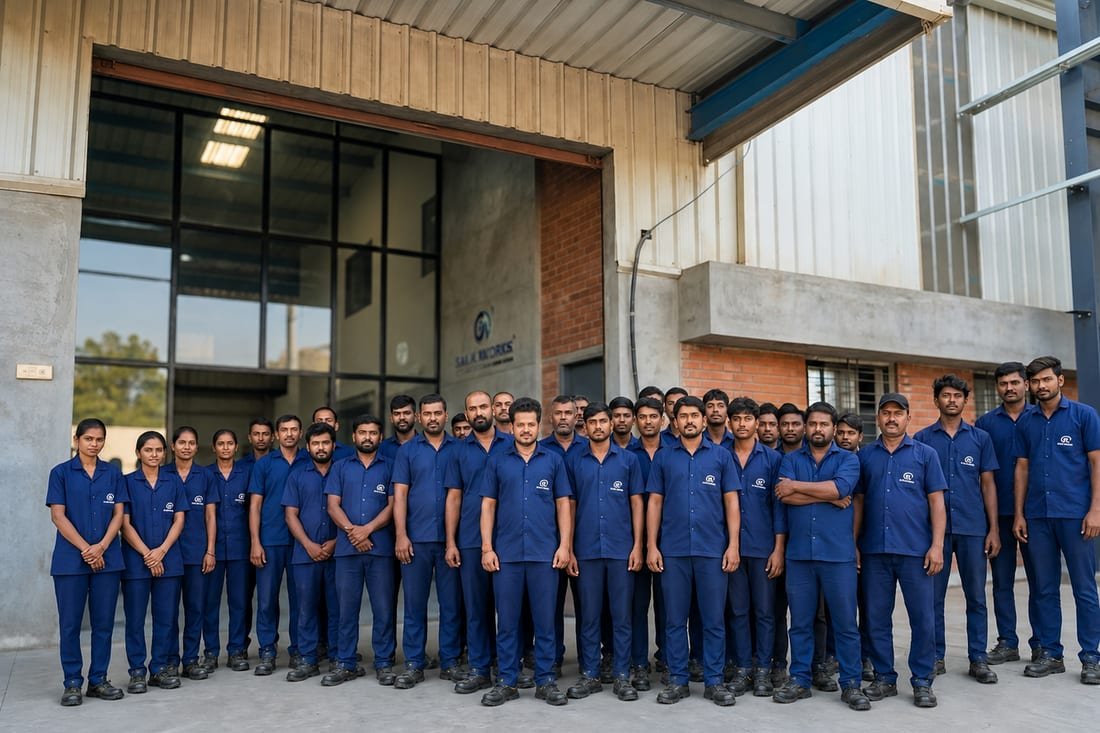 The Finex Industries production team outside the plant at Pimpalnare, Dindori, near Nashik