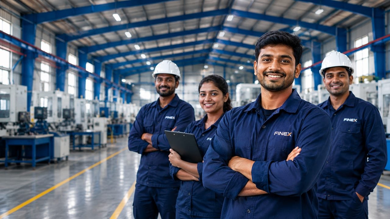 Four members of the Finex Industries team in branded workwear on the plant floor