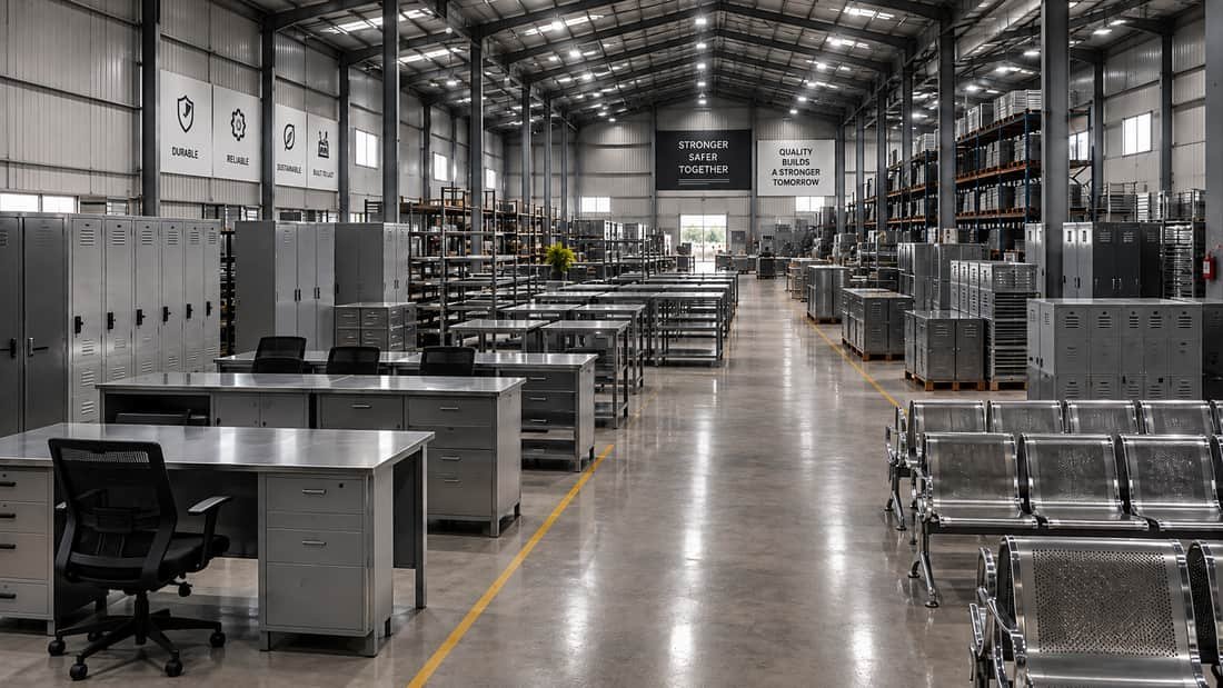 Steel institutional furniture — desks, lockers and seating — on a manufacturing floor