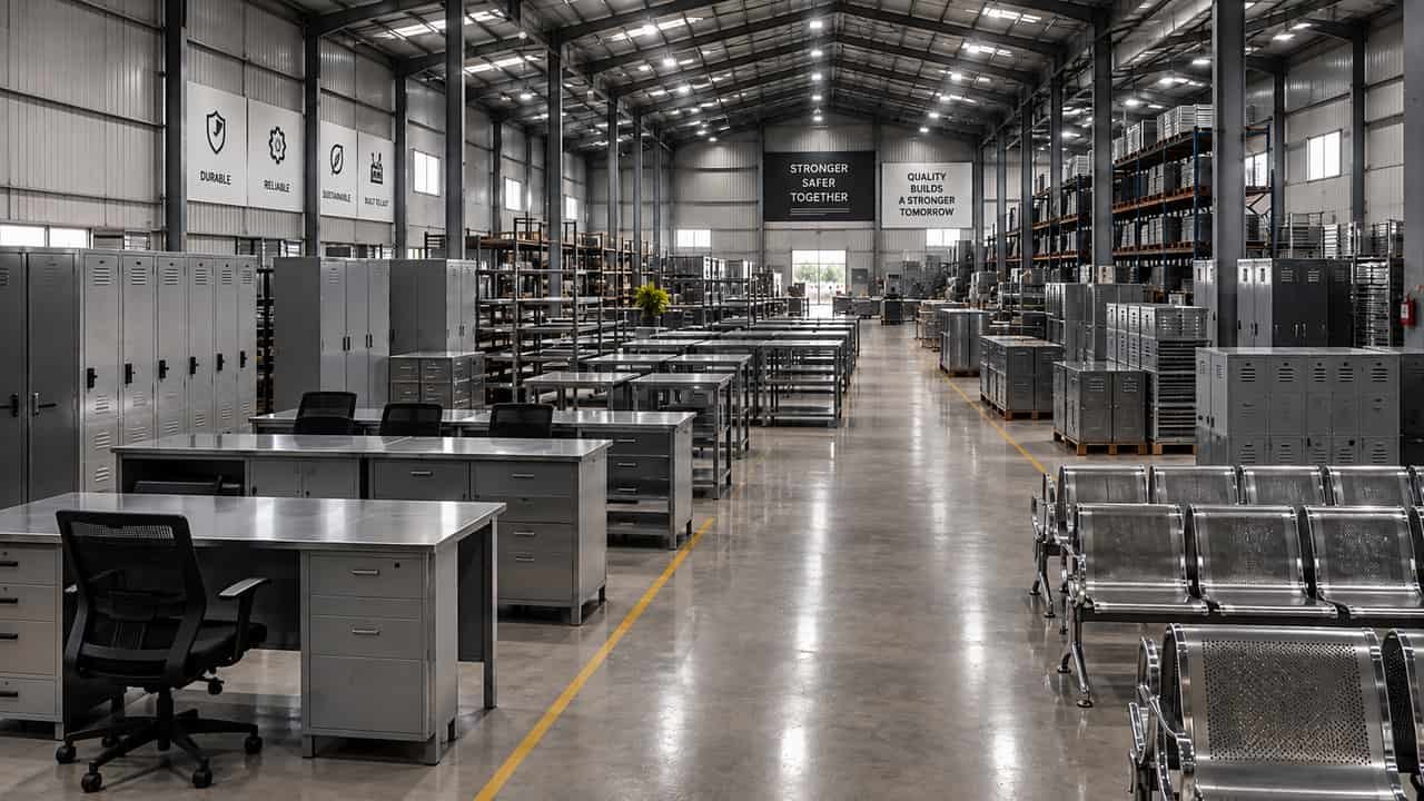Steel institutional furniture — desks, lockers and seating — on a manufacturing floor