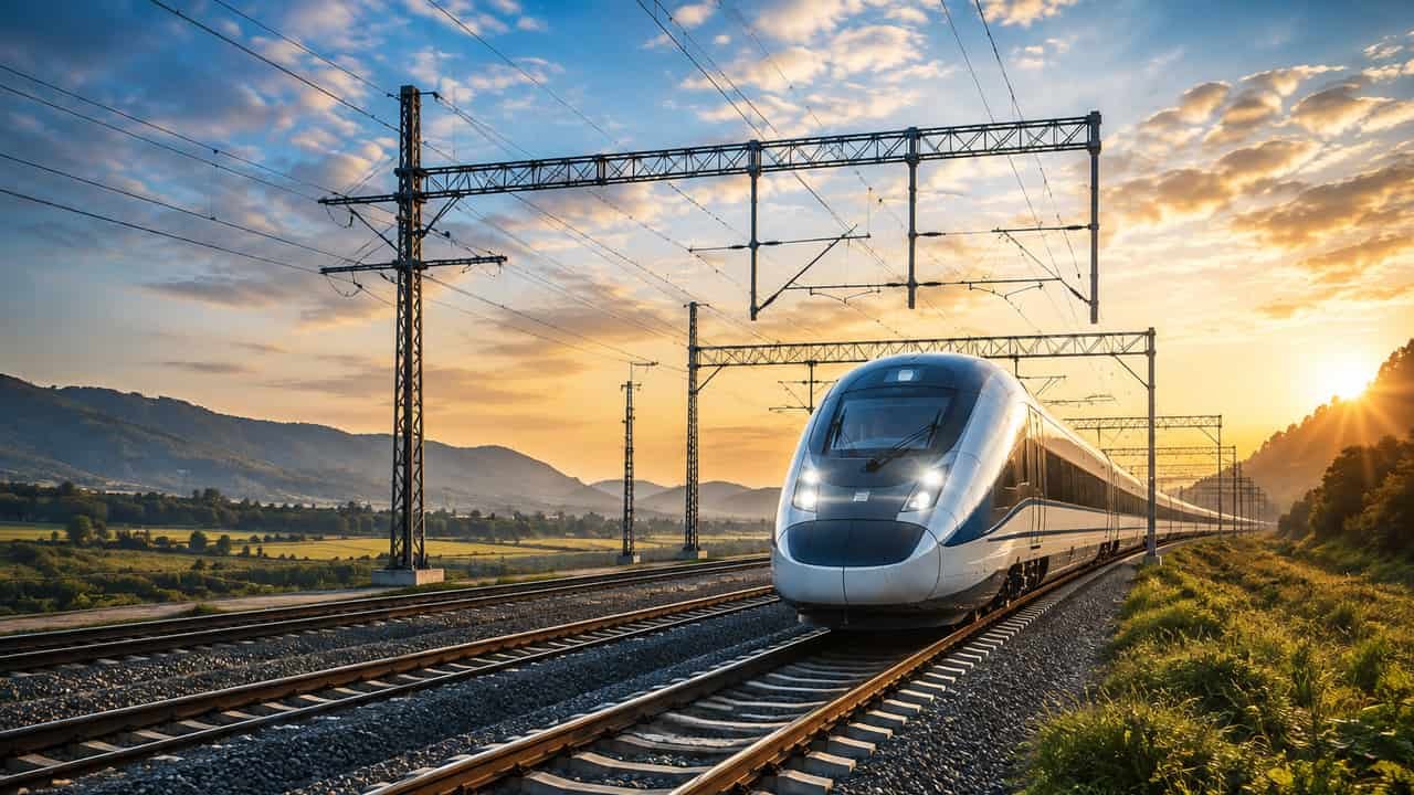 An electrified rail corridor of the kind Finex Industries supplies coach interiors and infrastructure for