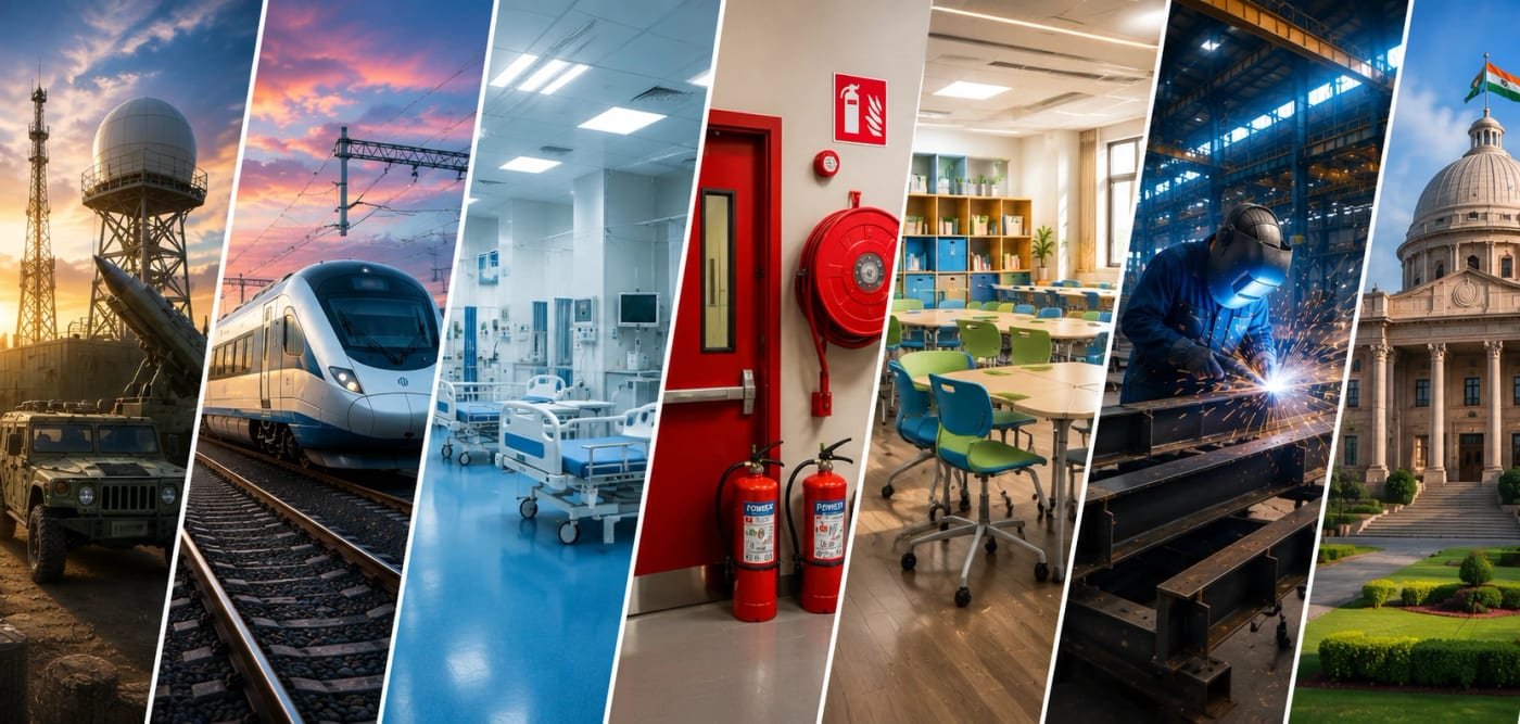 The seven sectors Finex Industries works across — defence, railways, healthcare, fire safety, education furniture, heavy fabrication and government projects