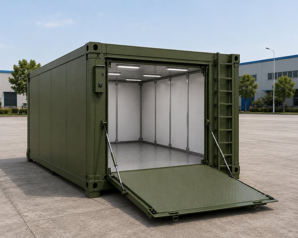 MMTS-R1 with Hydraulic Ramp Deployed — Field-Deployable Modular Medical Shelters
